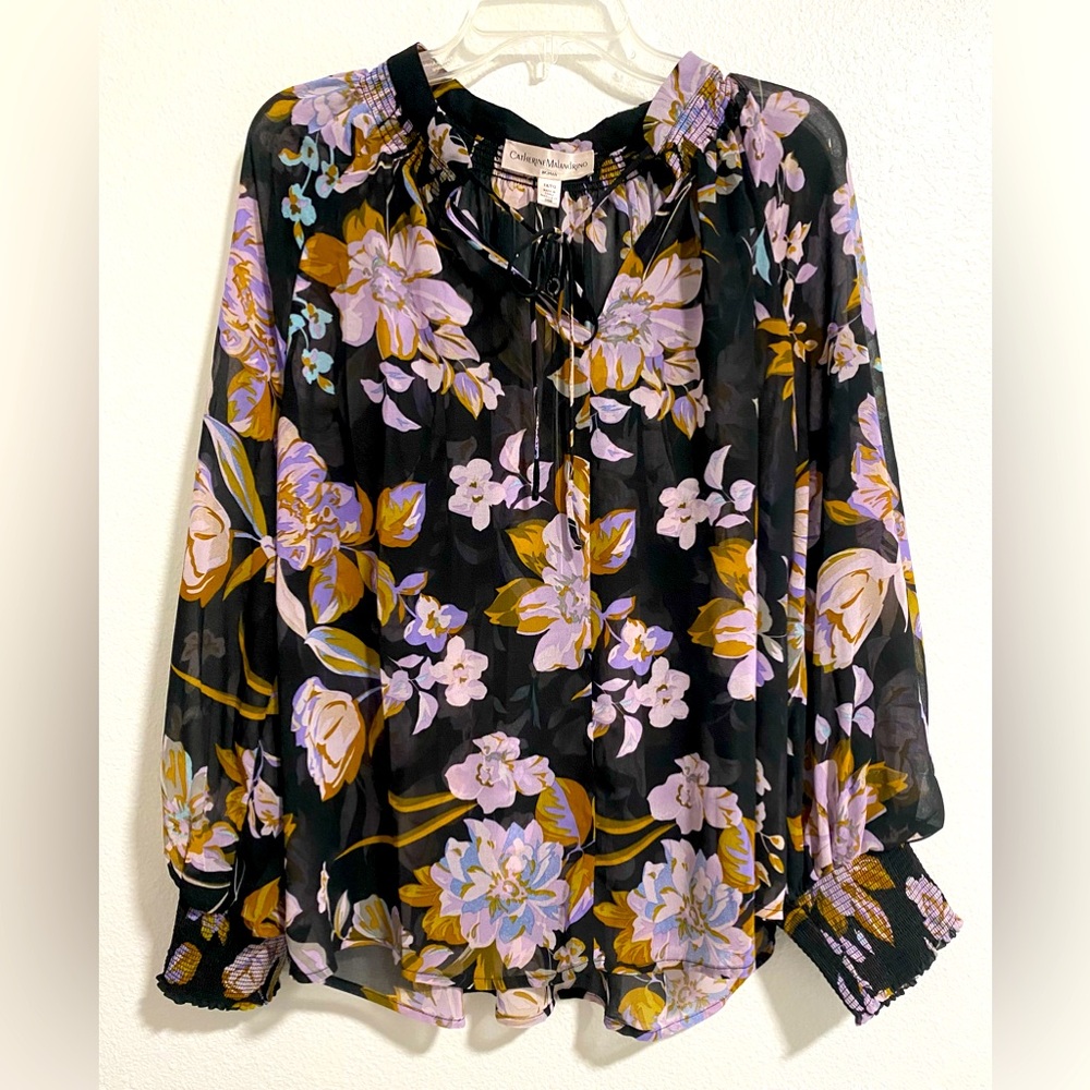 Catherine Malandrino Black & Purple Sheer Floral Top Long Sleeves sz 1X NWT $68
